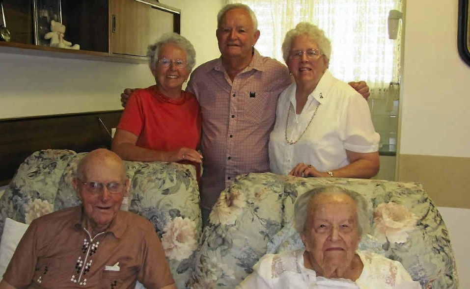 Laurie and Mavis Reibelt (front) celebrated their 76th wedding anniversary last month with their children (back, left) Mercia Easey, Laurence Reibelt and Patricia Hartnett. Laurie and Mavis Reibelt (front) celebrated their 76th wedding anniversary last month with their children (back, left) Mercia Easey, Laurence Reibelt and Patricia Hartnett.